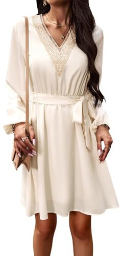XFSRG Vestito Donna Maniche Lunghe Casual Midi Abito Boho Autunno Elegante Vestiti Scollo a V Corti Volant Abiti Ruches con Cintura Autunno Primavera (Bianco/XL)