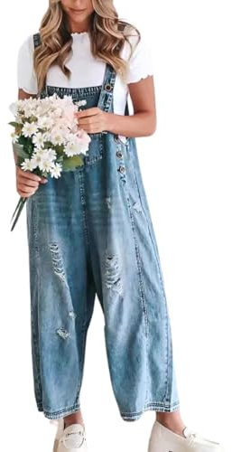 Tuta da donna, larga, regolabile, denim, salopette, Y2K, casual, vintage, stile usato, gamba larga, tuta baggy, tuta, Blu, XXL