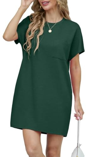 GRECERELLE Sommerkleid Damen Kurzarm Strandkleid Elegant Rundhals Lässige Freizeitkleid Frauen Kleider mit Taschen Einfarbig Summer Dressed Tshirt Leicht und Luftig Freizeitkleider (Dunkelgrün, M)