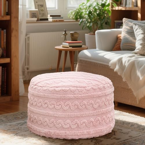 Beawelkomjo Round Plush Ottoman Pouf Stuffed– Fluffy Ottoman Foot Rest with Modern Foam Filler 20 x 14 Cozy Floor Pouf for Living Room & Bedroom