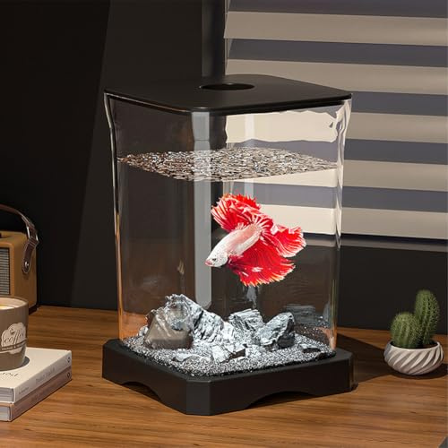 Fischtank Aquarium mit Atmosphäre Licht - Kampffisch Aquarium Starter Kit Desktop Dekor - Betta Fischtank - Aquaristik Tischdekoration für Zuhause, Büro, Wohnzimmer - 17.7 x 11.8 x 11.8cm