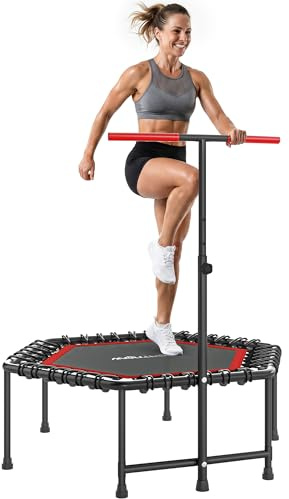 SPORTNOW Trampoline de Fitness 114 cm avec Cordes élastiques, poignée réglable sur 3 Positions, Trampoline Adulte Charge 100 kg Stable et Silencieux pour entraînement intérieur, Rouge