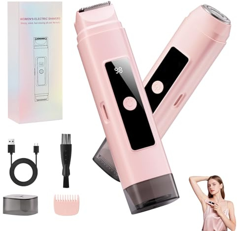 Rasoio Elettrico Donna, 2 in 1 Rasoio Donna Elettrico Corpo, Rasoio Elettrico Ricaricabile a Doppia Testina, Impermeabile IPX7, Uso Asciutto Bagnato,con Display LCD, Adatto per Viso/Corpo/Zona Bikini