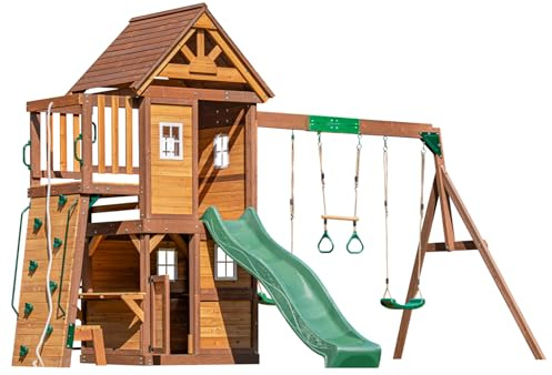 DOLPHIN PLAYGROUND T Holz-Spielgerät für Kinder ab 3 Jahren | Mit Rutsche, Trapezstange, Klettergerüst, Spielhaus mit 2 Schaukeln und Spielküche, Aus Zedernholz