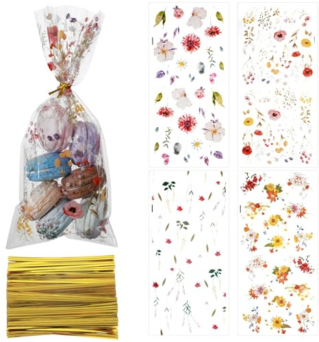 Ouligay 100 Stück Durchsichtige Cellophantüten Groß 27x12.5cm Geschenkbeutel mit 100 Krawatten Zellophantüten Plastik Bunt Süßigkeiten Tüten für Hochzeit Geburtstag Weihnachten Party Gastgeschenk