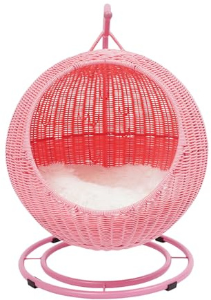 Hurrylying KatzenhäNgematte,Rattan äHnliche HäNgekorb-KatzenhöHle, Freistehend, Gelb Braun Rosa 7,5 Kg Lasten Kratzposten Weichem Kissen, Platzsparend, für Wohnzimmer/Balkon (Rosa)