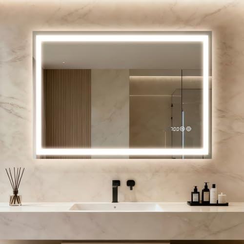 Clevich Badrumsspegel med belysning och klocka 80 × 60 cm, LED-spegel med 3 ljusfärger dimbar, härdat glas och digitalklocka, pekbrytare, minnesfunktion, dimfri, badrumsspegel med ljus