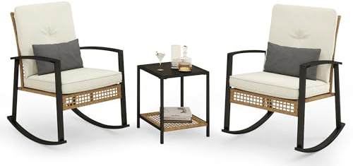 Vikiullf Outdoor Rocking Chair Set of 2, Patio Conversation Bistro Sets with Thickened Cushions, for Balcony Garden Porch (Beige with White Cushion)