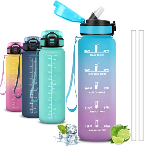 Mujigaga Borraccia 1 litro, Borraccia con Cannuccia, Senza Perdite, Borraccie Motivazionale, Facile da Pulire, Bottiglie Acqua Con Slogan Motivazionale, Borracce per Ciclismo, Campeggio, Nuotare