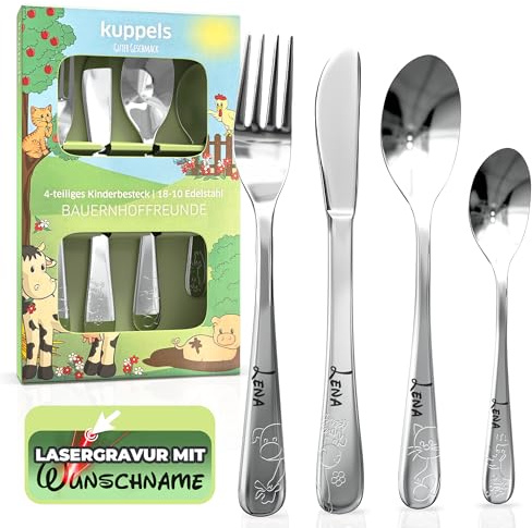 Kinderbesteck mit Namensgravur - Personalisiertes 4-teiliges Edelstahl Besteckset ab 4 Jahre - Taufgeschenk für Mädchen und Jungen - Spülmaschinenfest