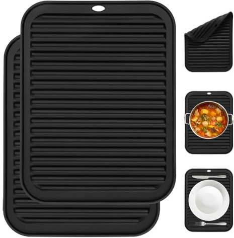 NUTKIT 2PCS Alfombrilla Escurreplatos de Silicona, 30 x 23 cm(Negro) | Escurridor para Encimera de Cocina, con Estructura Acanalada, Antideslizante, Aislamiento térmico, para Cocina, Mesa,Vajilla