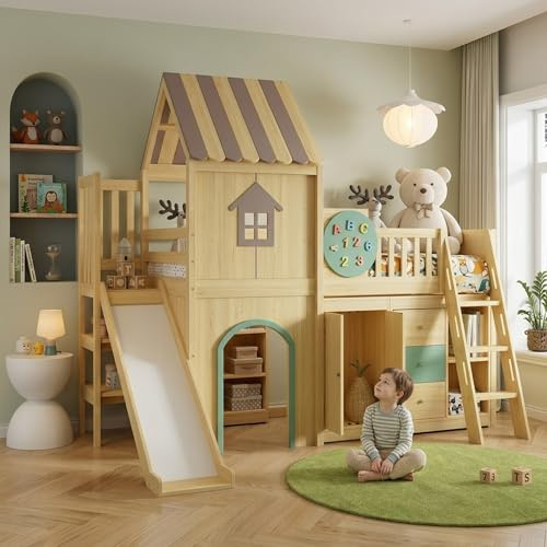 Yrxin Letto a soppalco 90 x 200 cm, design a casa, letto a castello con scivolo e scala da viaggio, letto per bambini con ripiani, armadio e armadio, in legno di pino, senza materasso, naturale +
