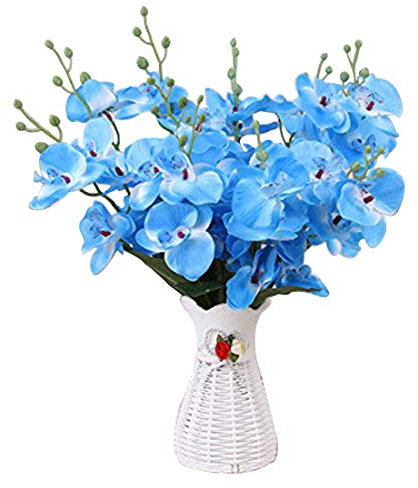 Lot de 2 Calcifer2 (5 tiges) 40 cm Phalaenopsis Orchidée en soie avec vase - Bouquet de fleurs artificielles pour décoration de maison/décoration de mariage (Bleu)