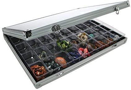 SAFE 5377 Alu Sammel Vitrine mit transparentem Deckel | Wandbefestigung | Setzkasten für Mineralien, Minifiguren, Steine, Modellautos UVM. | 45 fächer | 395 x 300 x 65 mm