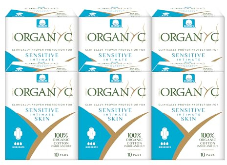 Organyc - 100% Certified Organic Cotton Feminine Pads - Sanitary Napkin with Wings for Women, Moderate Flow, Regular Absorbency, 60 Count (6 Pack of 10 Count)
