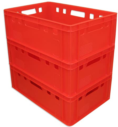 kanister-vertrieb® 3er Set E2-Kiste Eurobox Metzgerkiste Vorratskiste Aufbewahrungsbox Lagerbox 60x40x20 cm stabil für Lebensmittel geeignet (rot)