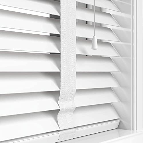 Funky Gadgets Faux Wood Blinds Window Venetian Blinds (White, 60Wx150H cm) | Faux Wooden Window Venetian Blind 50mm Smooth Slats With Tape White Silver/Grey TRIMMABLE, Child Safe Blinds