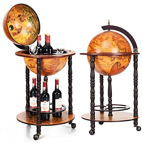 RELAX4LIFE Globusbar Vintage, Barwagen mit Rollen, 47 x 47 x 90 cm, Minibar Globus Bar Massivholz, Weinregal Flaschenregal mit Bodenplatte, Wiskybar Hausbar, Weinschrank, Cocktailbar (Braun)