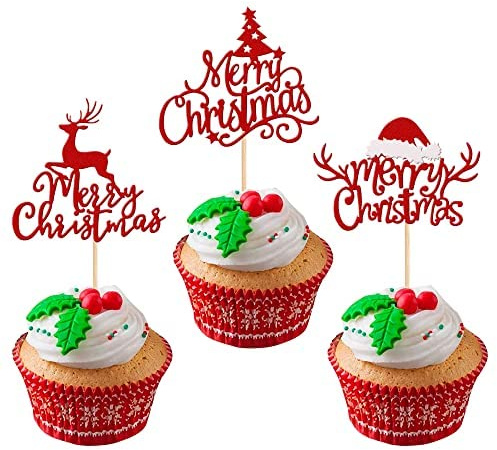 Xsstarmi Cupcake-Aufsätze mit Aufschrift Merry Christmas, glitzernder Weihnachtsbaum, Weihnachtsmannmütze, Hirsch, Weihnachtsdekoration, für Winter, Weihnachten, Urlaub, Geburtstag, Party, Rot, 24