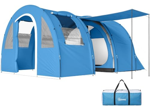 Outsunny 4 Man Tunnel Tent, Two Room Large Camping Tent with Floor, 2 Doors and Carry Bag, 2000mm Water Column for Fishing, Hiking, Sports, Festival, 475L x 315W x 215H cm, Blue