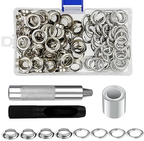 Frevoitna Occhielli per Teloni, 100 Pezzi Occhielli Metallici 10 mm Occhiellatrice per Teloni, Grommet con 3 pezzi Strumenti, Occhiello Strumento Kit per Abbigliamento, Borse, Tela, Tende, Scarpe