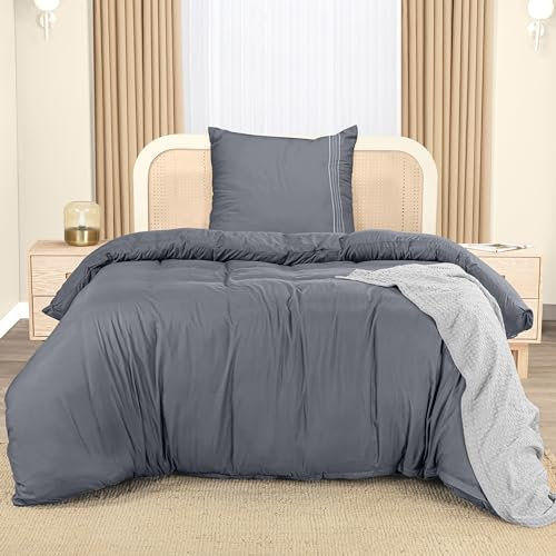 Utopia Bedding Bettwäsche 135x200 Set - Mikrofaser Bettbezug 135x200 cm + 1 Bestickte Kissenbezug 80x80 cm - Grau