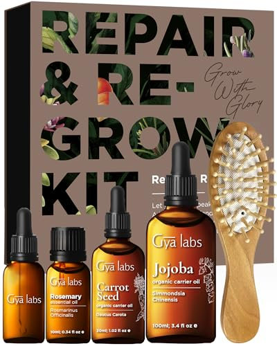 Gya Labs Repair & Re-Grow Kit with Hair Comb (Set of 4) - Natural Scents of Rosemary Oil, Carrot Seed Oil & Jojoba Oil for Hair Care - Essential Oil Set for Hair, Scalp & Body