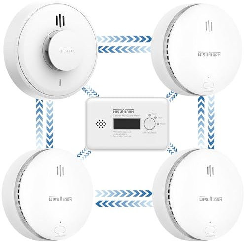 Wireless Interlinked Smoke,Heat and Carbon Monoxide Alarm Kit,Pre-linked,Compliant with Scotland & England Law, Remote Slience Function (3 Smoke + 1 CO + 1 Heat)