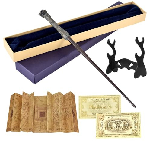 CJBIN Harry Zauberstab, 39CM Stab aus Harz und Stahlkern, Harry P-o-t-t-e-r Deluxe Zauberstab, Magic Wand Geschenkbox mit Landkarte, Fahrkarte und Zauberstabhalter Schwarz