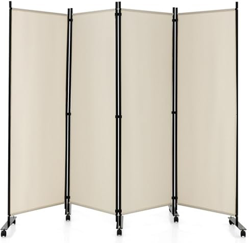 LIFEZEAL Biombo Plegable de 4 Paneles para Interior y Exterior, Divisor de Pie con 10 Ruedas, Pared Tabique, Estructura Metálica, Protección de la Intimidad, Separador de Espacios (Beige)