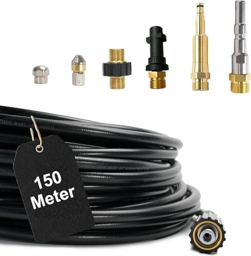150 Meter - M&M Smartek – 7-teiliger Rohrreinigungsschlauch 160bar für Kärcher, Nilfisk Hochdruckreiniger AG M22 x 1,5 IG & Bajonett & KEW Adapter & 2x rotierende Düsen & Quick Connect 200 BAR