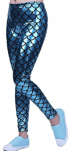 ANZEE Kids Girls Full Length Elastic Waist Metallic Mermaid Shiny Fish Scale Print Disco Legging Children Wet Look Comfortable Stretchy Tights for Party Dance Pants (9-10 Turquoise)