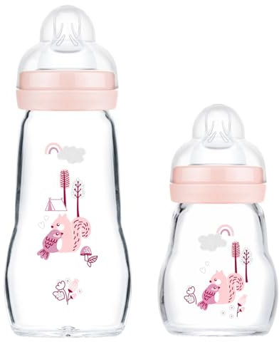 MAM Feel Good Glass Baby Bottle Pack of 2 (170 ml & 260 ml), with Teat 1 Slow Flow for Newborns, Pink