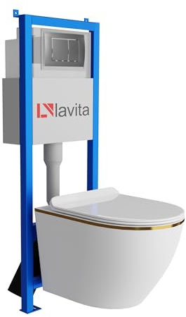 Lavita LAV 101 Vorwandelement für WC 40cm + Wand Hänge Tiefspül WC SOFI SLIM GOLD LINE Spülrandlos + Bedienplatte LAV 200.1.3 Satin + WC Sitz mit Absenkautomatik Komplettset Unterputz Spülkasten WC