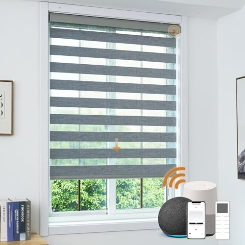 JOYENG Cordless Motorized Zebra Blinds for Windows Blackout with Remote, Custom Dual Layer Smart Zebra Shades Work with Alexa Google, Automatic Electric Light Filtering Roller Sheer Shades, Grey