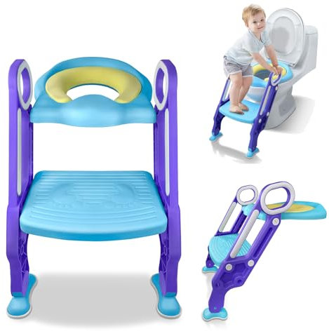 TWOLIIN Toilettensitz Kinder mit Treppe, Verstellbarer Toilettentrainer Lerntöpfchen mit PU-Sitzkissen und Griffe, Faltbar WC Sitz für Kleinkinder (Blau und Lila)