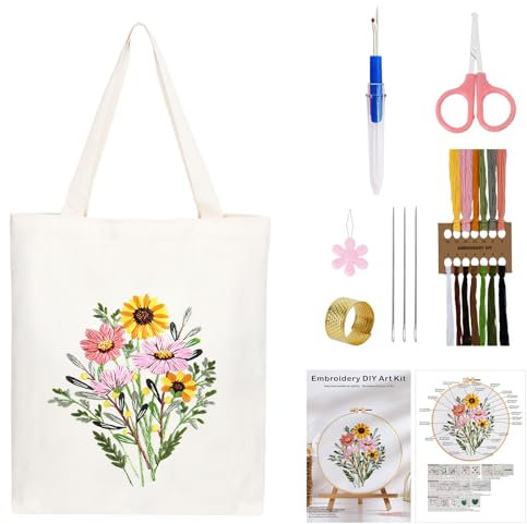 Sticken Set Erwachsene Anfänger, Mit Blumenmuster Canvas Tasche Stickerei Set, Kreuzstich Embroidery Tote Bag, Taschen Stickset für Anfänger Erwachsene, Stickerei Set Inklusive Anleitung, Nadeln, Fäde