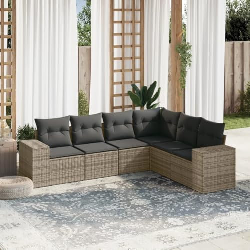 THOYTOUI 6-TLG. Garten-Sofagarnitur, Gartengarnitur Set Balkon Lounge Outdoor Furniture Gartenset Tisch und stühle Geeignet für Garten Terrasse Balkon Veranda mit Kissen Grau Poly Rattan