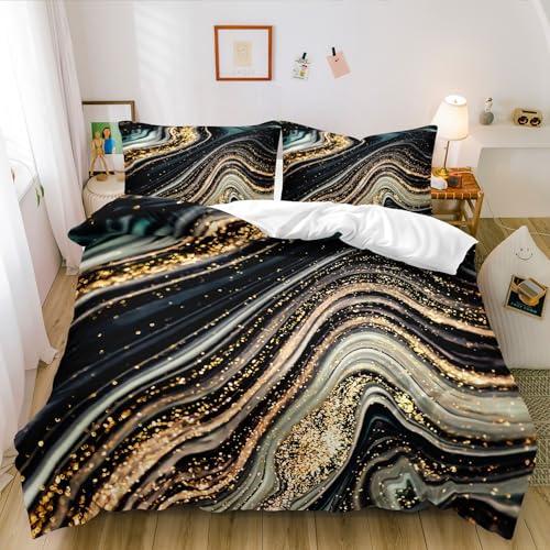 Luowei Marmor Muster Bettwäsche 135x200 cm Gold Braun Bettwäsche Set Microfaser Luxus Modern Bettbezug und Kissenbezüge 80×80cm mit Reißverschluss