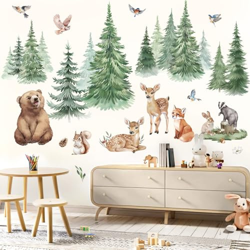 wondever Wandtattoo Baum Kiefer Wandsticker Waldtiere Bär Hirsch Fuchs | Abziehen und Aufkleben, Abziehbar, Wandaufkleber Selbstklebend für Kinderzimmer Babyzimmer Schlafzimmer Wanddeko