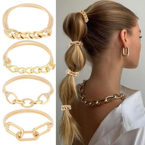 GEEHUA 4 Stück Goldenes Haargummi Armband, Damen Elastische Ponytail Haarbänder aus Metall, Pferdeschwanzhalter, Haar Accessoires, Haarband aus Gummi, für Arbeit, Sport, Yoga, Goldschmuck, Geschenk