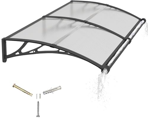 Pensilina da Esterno 200x100 cm in Policarbonato con Grondaia Integrata,Baldacchino Tettoia per Porta,Finestra e Veranda,con Protezione UV,Antipioggia e Antineve