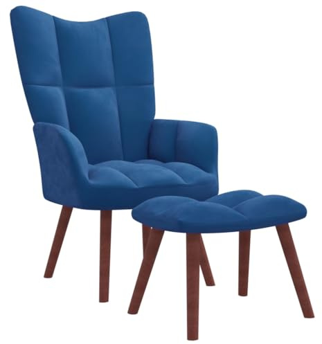Myheimly Relaxsessel mit Hocker,Sessel mit Stahlrahmen Holzbeinen,Relaxstuhl Polsterstuhl mit Armlehne,Fernsehsessel Polstersessel Wohnzimmer,Modern Samt Sessel Blau,Mit Fußablage