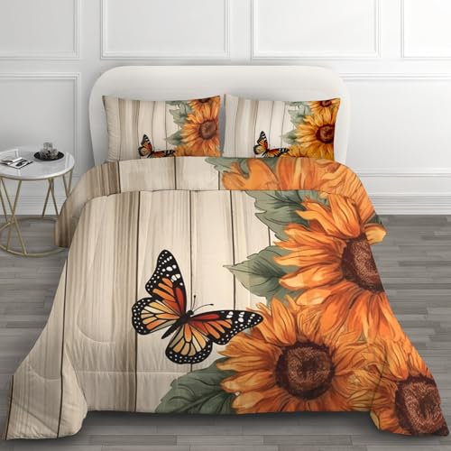 Schmetterling Sonnenblumen Deko & Geschenke - Bettdecke 155x220 Winter, Wende Steppdecke, 4 Jahreszeiten Bettdecke Ohne Bezug Waschbar, Warme Winterdecke, Ganzjahresdecke mit 2 Kissenbezug F*-16