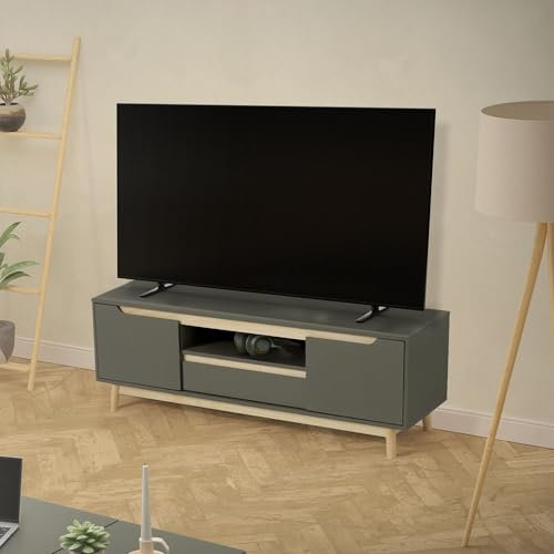 ML-Design Mobile TV 120x40x46 cm Verde-Naturale Tavolo TV con 2 Ante Cassetto Ripiano Piedini in Legno di Pino Design Naturale Armadietto Tavolino Porta TV per Soggiorno Fino a 55 Pollici