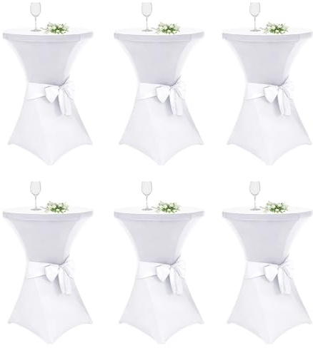 Alishomtll 6er Set Stehtisch Hussen mit Schleife, Ø60cm Stretch Stehtischhussen, Elegante Elastische Tisch-Überzug Hussen für Bistrotisch Runde Stehtisch Bankett Hochzeit (Ø60x110cm, Weiß)