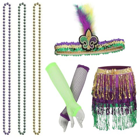 AENEY Mardi Gras Leggings Outfit für Damen, 4 Stück, lila-grün, Strumpfhosen mit Pailletten-Fliege, Handschuhe, Karneval, Party-Kostüme (Rock)