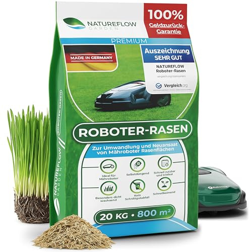 Mähroboter Rasensamen schnellkeimend Frühjahr TEST SEHR GUT - Rasensamen Frühjahr 20 kg Made in Germany - Roboter Grassamen schnellkeimend - Traum Rasen selbstdüngend mit Natureflow Rasensaat