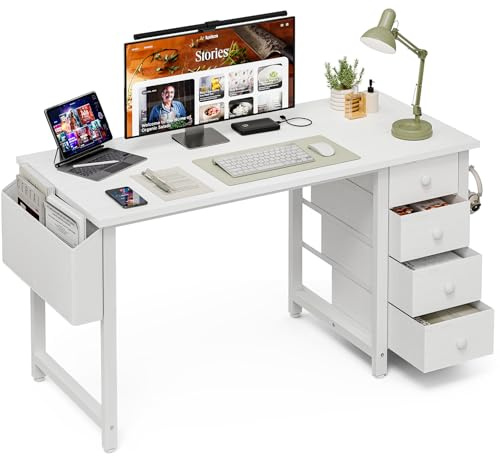 Grandder 100 cm Kleiner Computertisch mit 4 Stoffschubladen, Reversibler Schreibtisch für Kinder, Jugendliche & Homeoffice, Moderner Arbeitstisch für Schlafzimmer & kleine Räume, Weiß