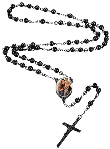 MMXX Collana Rosario Personalizzato con Foto Testo per Uomini Donne Collana Croce Cattolica Grani di Preghiera Cattolici Personalizzati Ciondolo Crocifisso Regali Religiosi - Nero